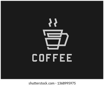 logo for cafe and drink, coffee cup icon with line drawing style, white logo on black background