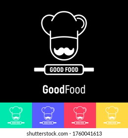 Logo para café o restaurante con sombrero de chef y bigote. Ilustración vectorial de línea delgada.