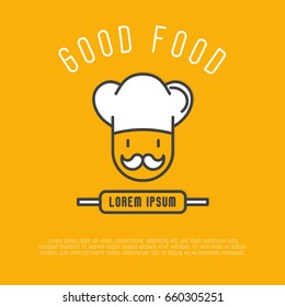 Logo for cafe or restaurant with chef in hat with mustache. Thin line vector illustration.