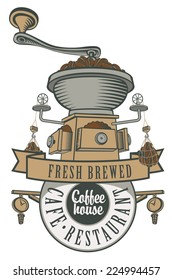 logo for a cafe or restaurant with a coffee grinder and beans