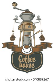 logo for a cafe or restaurant with a coffee grinder and beans