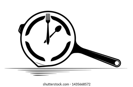 Logo of a cafe or restaurant. Emblem for menu or advertising. Clock in the form of a griddle with a spoon and fork