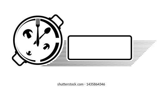 Logo of a cafe or restaurant. Emblem for menu or advertising. Clock in the form of a pan with a spoon and fork