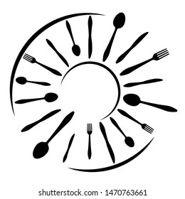 Logo of a cafe or restaurant made of forks, spoons and knives. Round shape with place for text