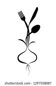 Logo for a cafe, restaurant or menu. Stylized image of a fork, knife and spoon growing from a bulb
