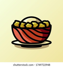 Logo for cafe and restaurant with rice and chicken skin. Artistic red bowl and white plate vector illustration modern and flat colorful style design