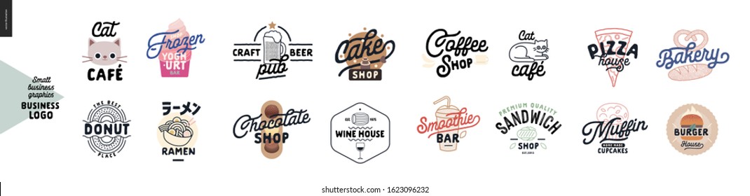 Logo - cafetería y restaurantes. Café para gatos, bar de yogur helado, donut, ramen, pub de cerveza de artesanía, pasteles, chocolate, casa de vinos, cafetería, bar para fumadores, sándwich, pizza, panadería, muffins, pastelitos, hamburguesa