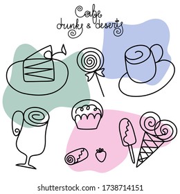 Logo for cafe. Set of cute hand drawn tea coffee deserts Vector illustration