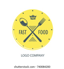 Logo for cafe. Spoon and fork crossed. Fast food. Feed.