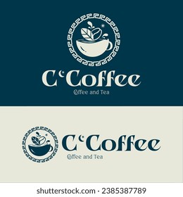 Logotipo para cafetería y taller de té, ilustrativo, vector, hoja de café, taza de café, estilo griego