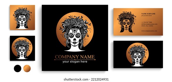 Logo in Calavera style. Dia de los muertos, Day of the dead is a Mexican holiday. Girl with flowers in her hair and Woman with make-up - sugar skull. Vector illustration