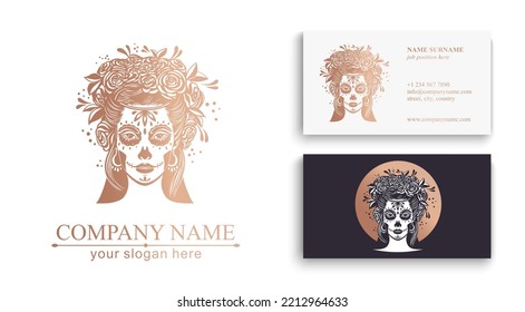 Logo in Calavera style. Dia de los muertos, Day of the dead is a Mexican holiday. Girl with flowers in her hair and Woman with make-up - sugar skull. Vector illustration