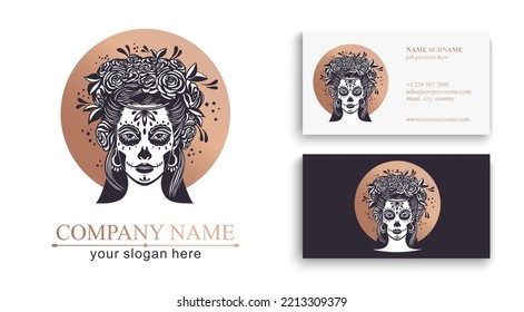 Logo in Calavera style. Dia de los muertos, Day of the dead is a Mexican holiday. Girl with flowers in her hair and Woman with make-up - sugar skull. Vector illustration