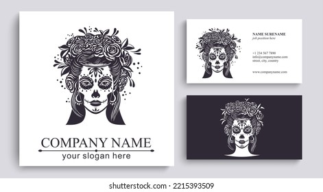 Logo in Calavera style. Dia de los muertos, Day of the dead is a Mexican holiday. Girl with flowers in her hair and Woman with make-up - sugar skull. Vector illustration