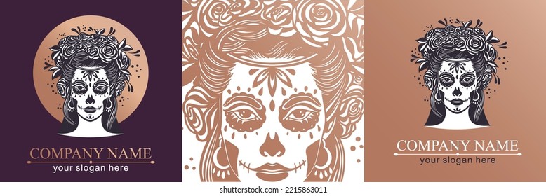 Logo im Stil von Calavera. Dia de los muertos, der Tote ist ein mexikanischer Feiertag. Mädchen mit Blumen im Haar und Frau mit Make-up - Zuckerschädel. Vektorgrafik