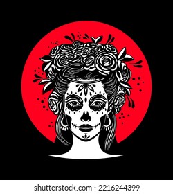 Logo in Calavera style. Dia de los muertos, Day of the dead is a Mexican holiday. Girl with flowers in her hair and Woman with make-up - sugar skull. Vector illustration