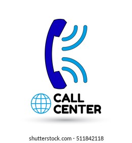Logo call center in flat style. Icon Globe and vintage handset with sound waves. Icon isolated on white background. Vector