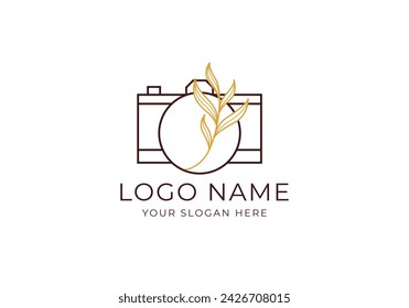 logo camera and leaf inside the lens. line art, boho, logo design. Editable color