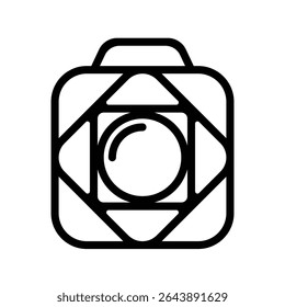 Logo of a camera lens with detailed aperture design.