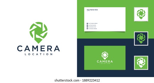 logo of a camera shutter shaped like a map pin for photography template and business card