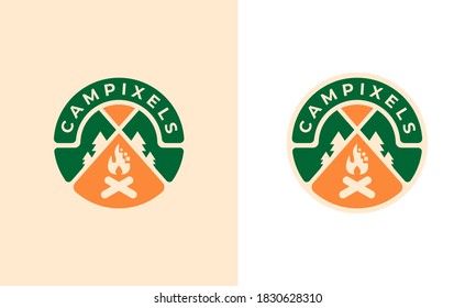 A logo for campers with bonfire and pine tree in orange and green color