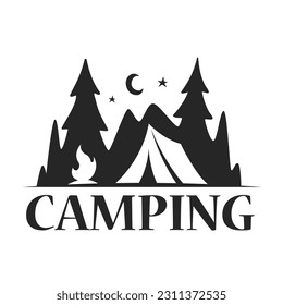 logo camping; Drawing of a tent in the forest at night and with a bonfire