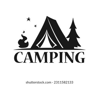 logo camping, Drawing of a tent in the forest at night and with a bonfire