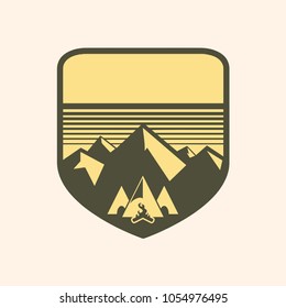 Logo, camping element for emblem. Outdoor activity symbol. Tent, fire, mountain, illustration. Pastel style.