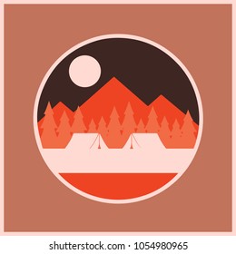 Logo, camping element for emblem. Outdoor activity symbol. Tent, fire, wood, illustration. Pastel style.