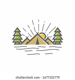 Logotipo, elemento del logotipo del camping para el emblema. Símbolo de actividad al aire libre. Tienda, sol, montaña, ilustración logotipo plantilla fácil de editar para su diseño
