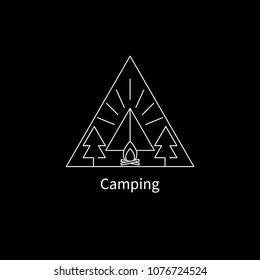 Logo camping, icon tourism, travel, tent, forest and mountains, linear symbol, emblem. Vector illustration