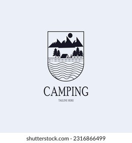 logo camping  line art logo vector concept with emblem illustration template design icon mountain design