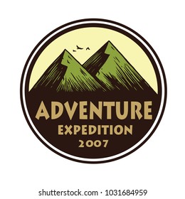 Logo for Camping Mountain Adventure, Emblems, and Badges. Camp in Forest Vector Circle Illustration Design Template