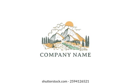 A logo of a camping scene with mountains, river, sun, clouds and trees, promoting adventure.