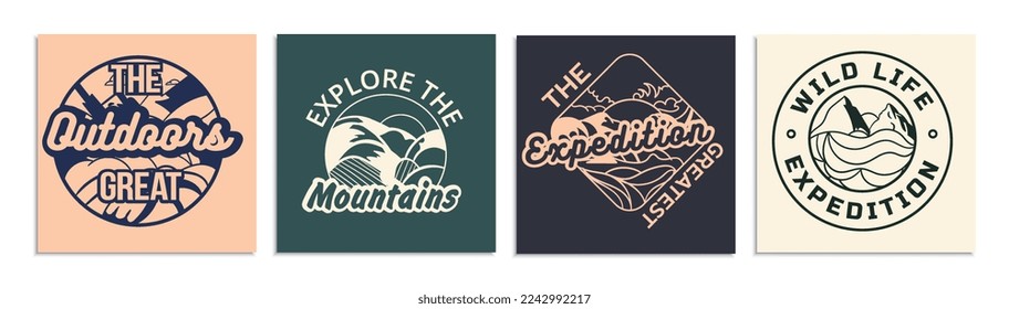 Conjunto de logotipos de camping. Colección de elementos gráficos para el sitio web. Estilo de vida activo y deportes extremos, senderismo. Bosque y montañas. Ilustraciones de caricaturas de vectores planos aisladas en fondo blanco