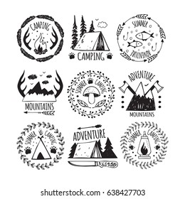 Logo camping and summer adventure in doodle style. Vector illustration