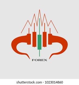 Logo candlestick trading chart analyzing in forex stock market. Exchange broker emblem. Bull horns and candles