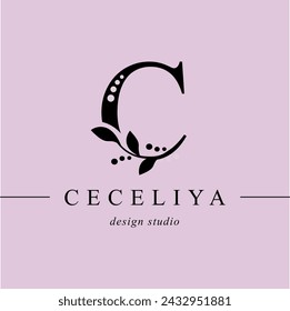 Logo, capital letter C. Monogram of Botanical Minimalistic, Initial. with Organic Plant Elements. Vector design. for tattoo studio