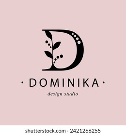 Logo, Großbuchstabe D. Monogramm botanischer Minimalismus, Initial. mit organischen Pflanzenelementen. Vektordesign. für Tätowierstudio