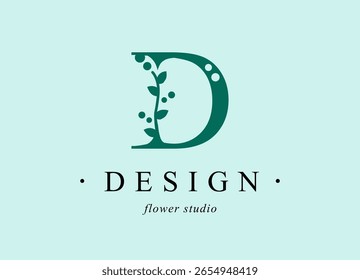 Logotipo, letra mayúscula D. Monograma de botánico minimalista, inicial. con Elementos de plantas orgánicas. Diseño del Vector. para el estudio del tatuaje