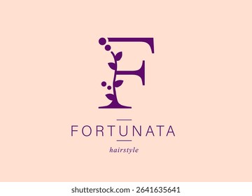 Logo, capital letter F. Monogram of Botanical Minimalistic, Initial. with Organic Plant Elements.  Vector design. for beauty salon or art studio.