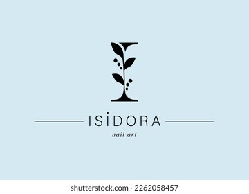 Logo, capital letter I. Monogram of Botanical Minimalistic, Initial. with natural plant elements. Vector design. for nail art salon