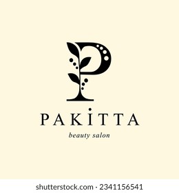 Logotipo, letra mayúscula, p. Monograma de minimalista botánico, inicial. con elementos vegetales naturales. Diseño de vectores. 