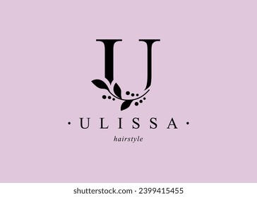 Logo, capital letter U. Monogram of Botanical Minimalistic, Initial. with Organic Plant Elements. Vector design. for tattoo studio