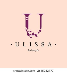 Logo, capital letter U. Monogram of Botanical Minimalistic, Initial. with Organic Plant Elements.  Vector design. for beauty salon or art studio.
