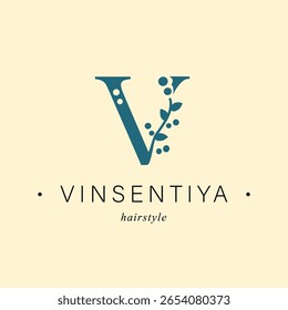 Logo, letra mayúscula V. Monograma de botánico minimalista, inicial. con Elementos de plantas orgánicas.  Diseño de Vector. para salón de belleza o estudio de arte.