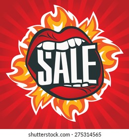 Logo Caption Sale Mouth On A Background Of Fire