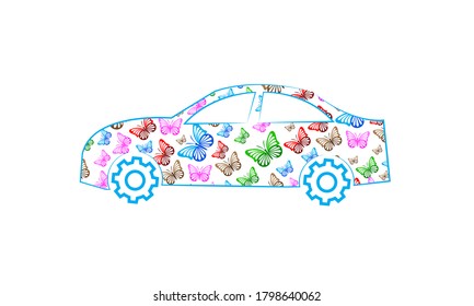 Logo car with butterflies. Vector illustration.