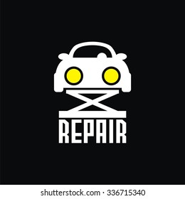 logo with car on the lift. Vector logo for service company, maintenance cars, repair car company. Label design. Vector Illustration.