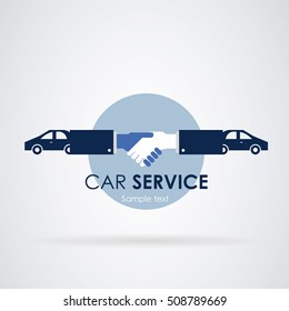 Logo car service: Two hands reaching an agreement. Cars at the ends. Vector